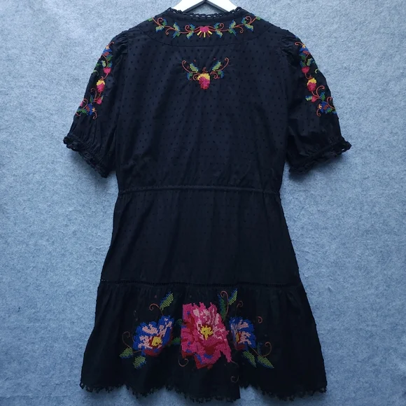Farm Rio Black Embroidered Dress with Colorful Floral Design